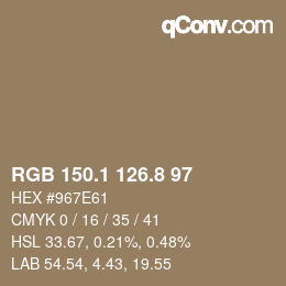 Color code: RGB 150.1 126.8 97 | qconv.com