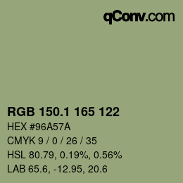 カラーコード: RGB 150.1 165 122 | qconv.com