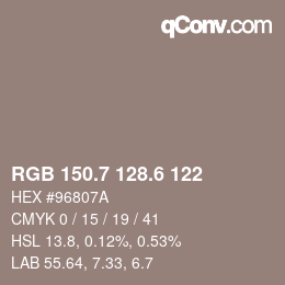 カラーコード: RGB 150.7 128.6 122 | qconv.com