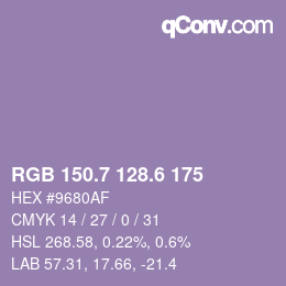 カラーコード: RGB 150.7 128.6 175 | qconv.com