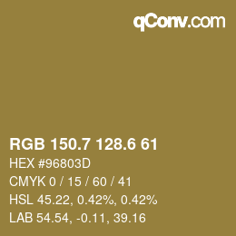カラーコード: RGB 150.7 128.6 61 | qconv.com