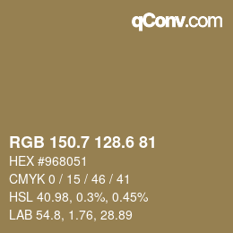 カラーコード: RGB 150.7 128.6 81 | qconv.com