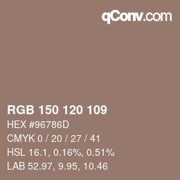 颜色代码: RGB 150 120 109 | qconv.com