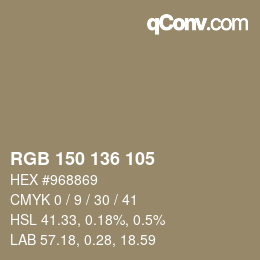 Color code: RGB 150 136 105 | qconv.com