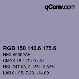 カラーコード: RGB 150 146.6 175.6 | qconv.com