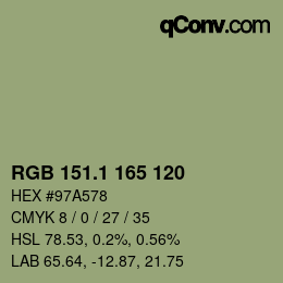 カラーコード: RGB 151.1 165 120 | qconv.com