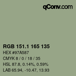 カラーコード: RGB 151.1 165 135 | qconv.com