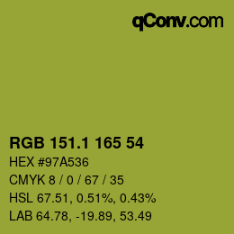カラーコード: RGB 151.1 165 54 | qconv.com