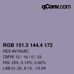 カラーコード: RGB 151.3 144.4 172 | qconv.com