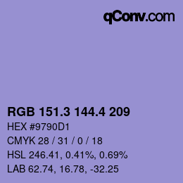 カラーコード: RGB 151.3 144.4 209 | qconv.com