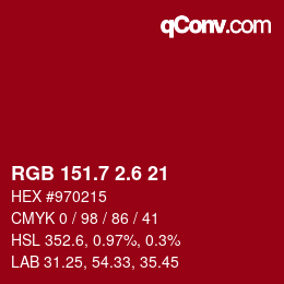 カラーコード: RGB 151.7 2.6 21 | qconv.com