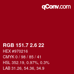 カラーコード: RGB 151.7 2.6 22 | qconv.com