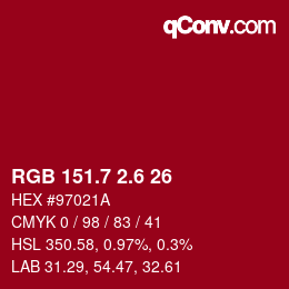 カラーコード: RGB 151.7 2.6 26 | qconv.com