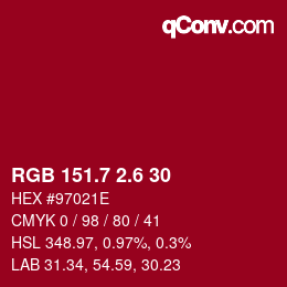 カラーコード: RGB 151.7 2.6 30 | qconv.com