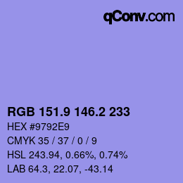 カラーコード: RGB 151.9 146.2 233 | qconv.com