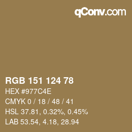 Color code: RGB 151 124 78 | qconv.com