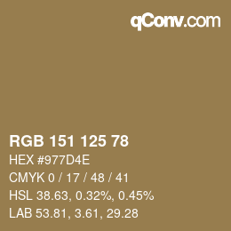 Color code: RGB 151 125 78 | qconv.com