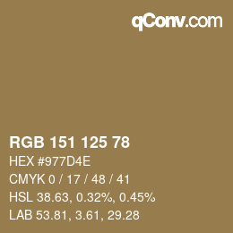 Color code: RGB 151 125 78 | qconv.com