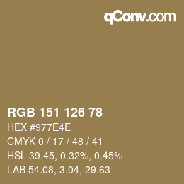 Color code: RGB 151 126 78 | qconv.com