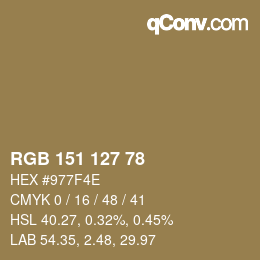 Color code: RGB 151 127 78 | qconv.com