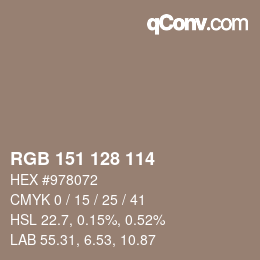 颜色代码: RGB 151 128 114 | qconv.com