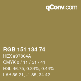 Color code: RGB 151 134 74 | qconv.com