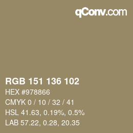 Color code: RGB 151 136 102 | qconv.com