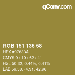 Color code: RGB 151 136 58 | qconv.com