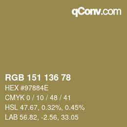 Color code: RGB 151 136 78 | qconv.com