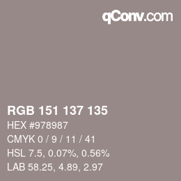颜色代码: RGB 151 137 135 | qconv.com