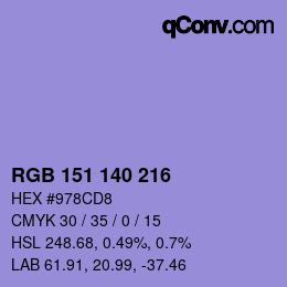 カラーコード: RGB 151 140 216 | qconv.com