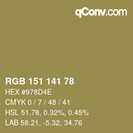 Color code: RGB 151 141 78 | qconv.com