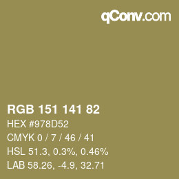Color code: RGB 151 141 82 | qconv.com