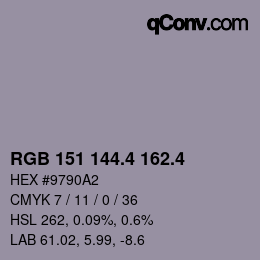 カラーコード: RGB 151 144.4 162.4 | qconv.com