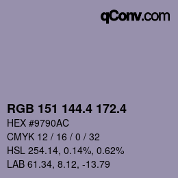 カラーコード: RGB 151 144.4 172.4 | qconv.com