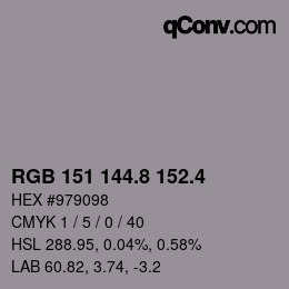 カラーコード: RGB 151 144.8 152.4 | qconv.com