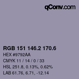 カラーコード: RGB 151 146.2 170.6 | qconv.com