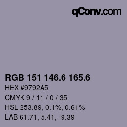 カラーコード: RGB 151 146.6 165.6 | qconv.com