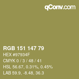 Color code: RGB 151 147 79 | qconv.com