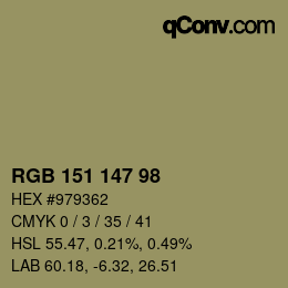 Color code: RGB 151 147 98 | qconv.com