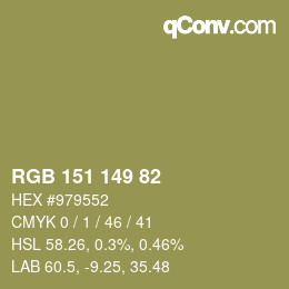 Color code: RGB 151 149 82 | qconv.com