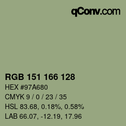 Color code: RGB 151 166 128 | qconv.com