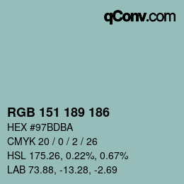 Color code: RGB 151 189 186 | qconv.com