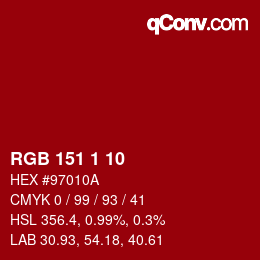 カラーコード: RGB 151 1 10 | qconv.com