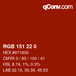 颜色代码: RGB 151 22 0 | qconv.com