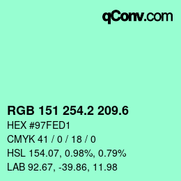 カラーコード: RGB 151 254.2 209.6 | qconv.com