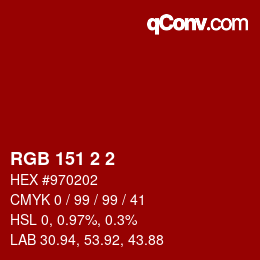 颜色代码: RGB 151 2 2 | qconv.com