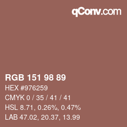 颜色代码: RGB 151 98 89 | qconv.com