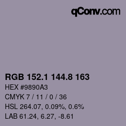 Color code: RGB 152.1 144.8 163 | qconv.com