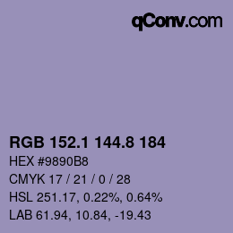カラーコード: RGB 152.1 144.8 184 | qconv.com